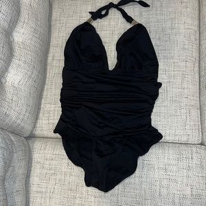 Sexy Plunge Black Swimsuit with Flattering Rushing on the Sides Large